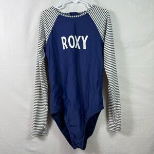 Roxy Navy White Striped Long Sleeved One Piece Swimsuit - no size